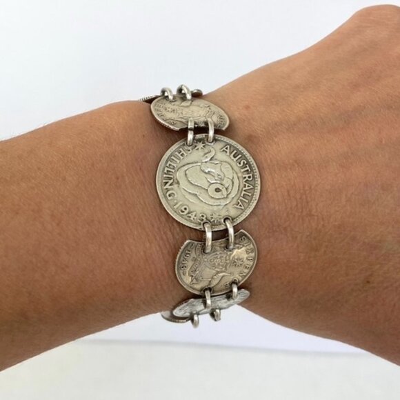 VTG Sterling Silver 925 Australian Sixpence & Ram Shilling Coin Link Bracelet - Picture 1 of 16